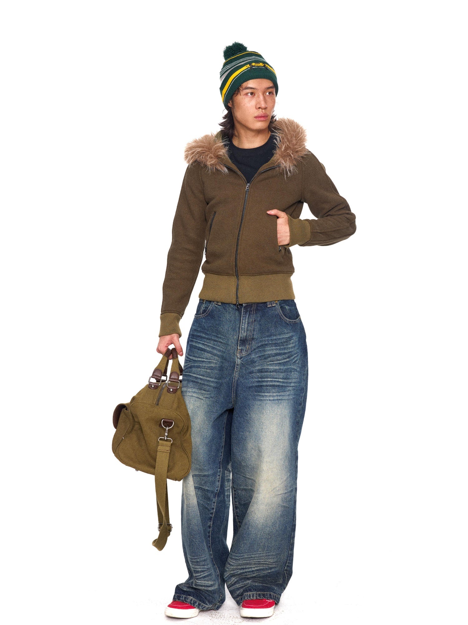 NyDkyel Thick Cotton Blend Oversized Zip Up Unisex Streetwear Deep Olive Oatmeal Hoodies