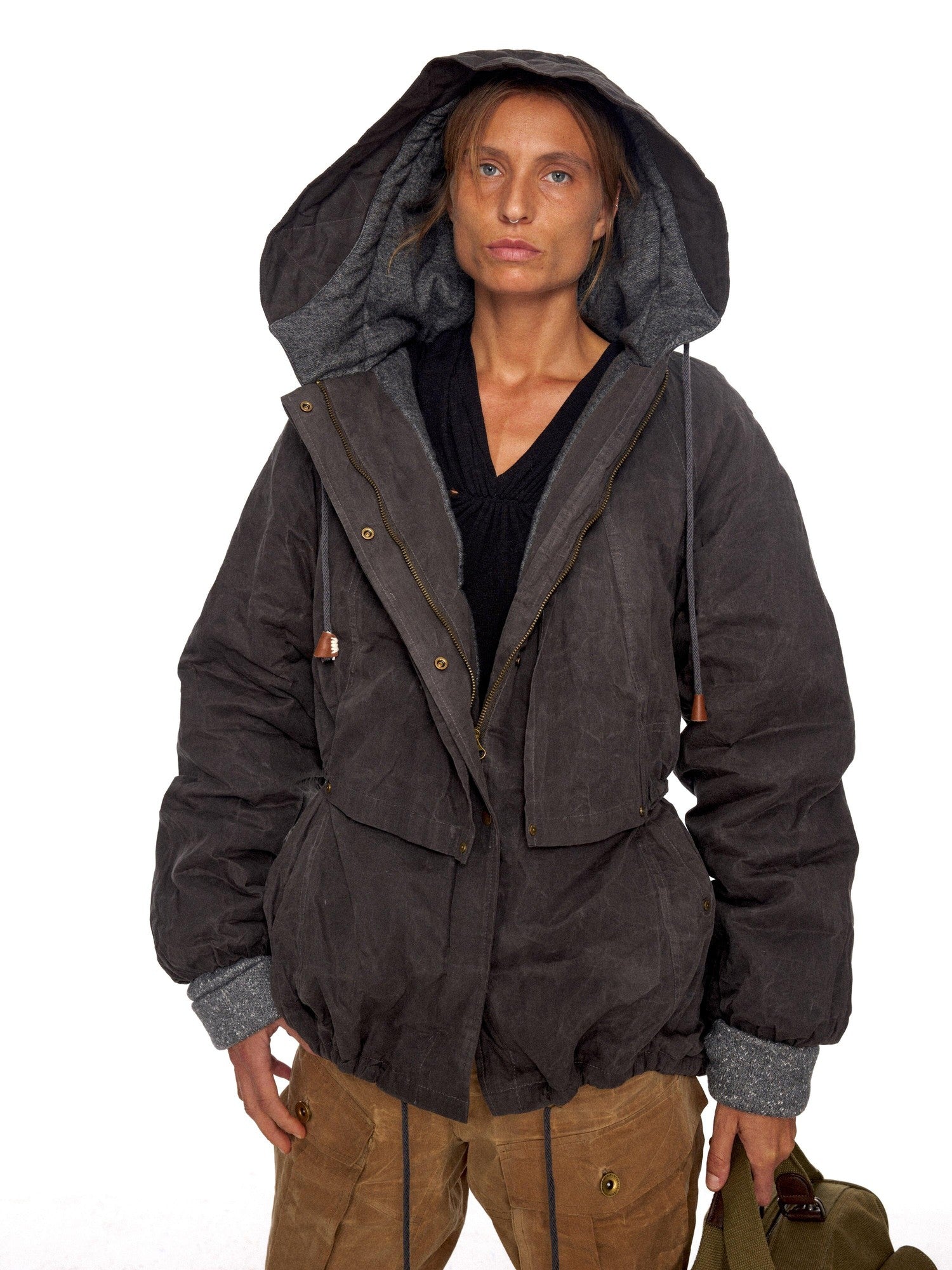 NyDkyel Thick Cotton Filled Distressed Street Loose Fit Unisex Zip Hood Puffer Jacket