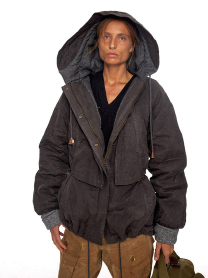 NyDkyel Thick Cotton Filled Distressed Street Loose Fit Unisex Zip Hood Puffer Jacket