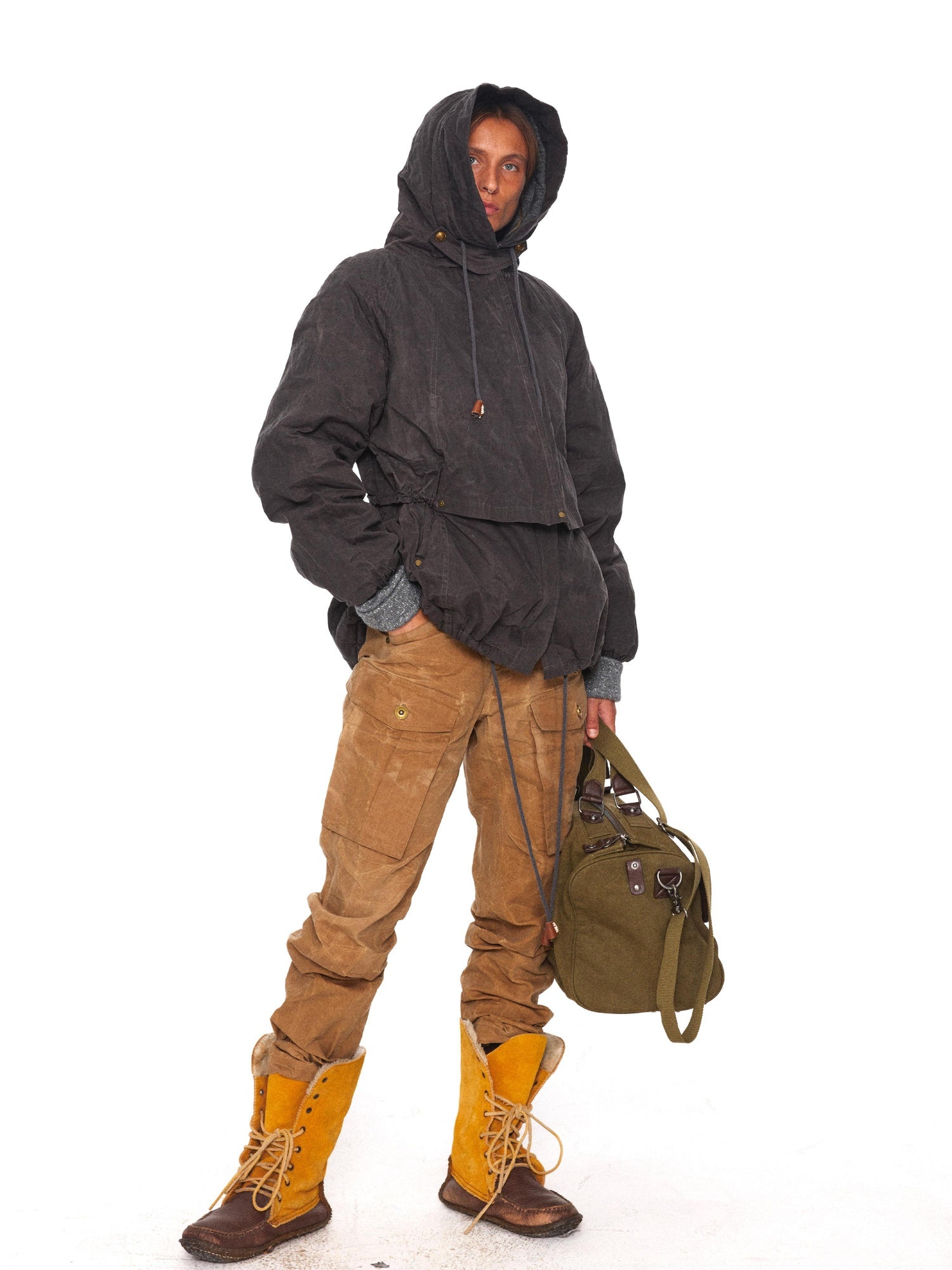 NyDkyel Thick Cotton Filled Distressed Street Loose Fit Unisex Zip Hood Puffer Jacket