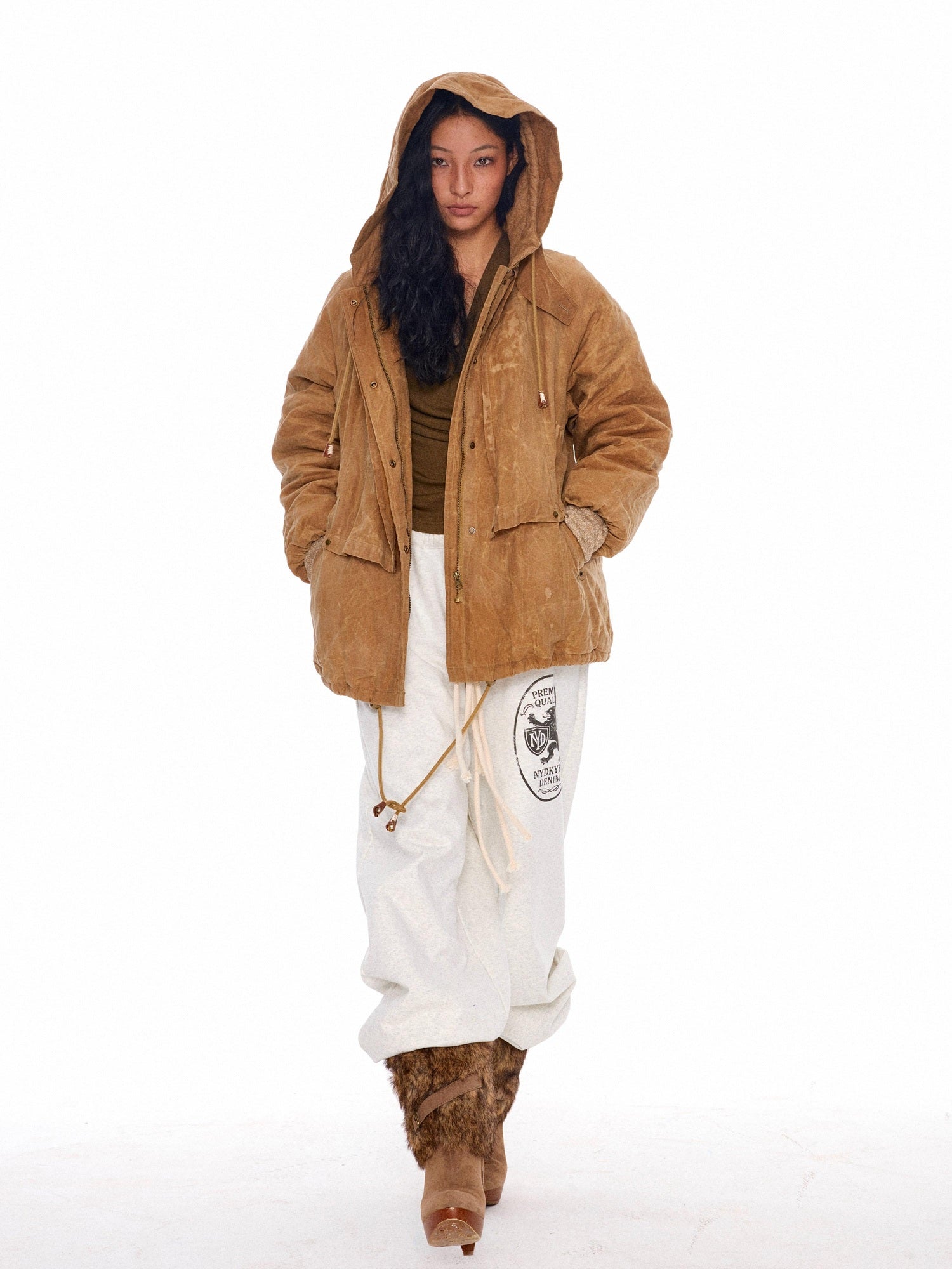 NyDkyel Thick Cotton Filled Distressed Street Loose Fit Unisex Zip Hood Puffer Jacket