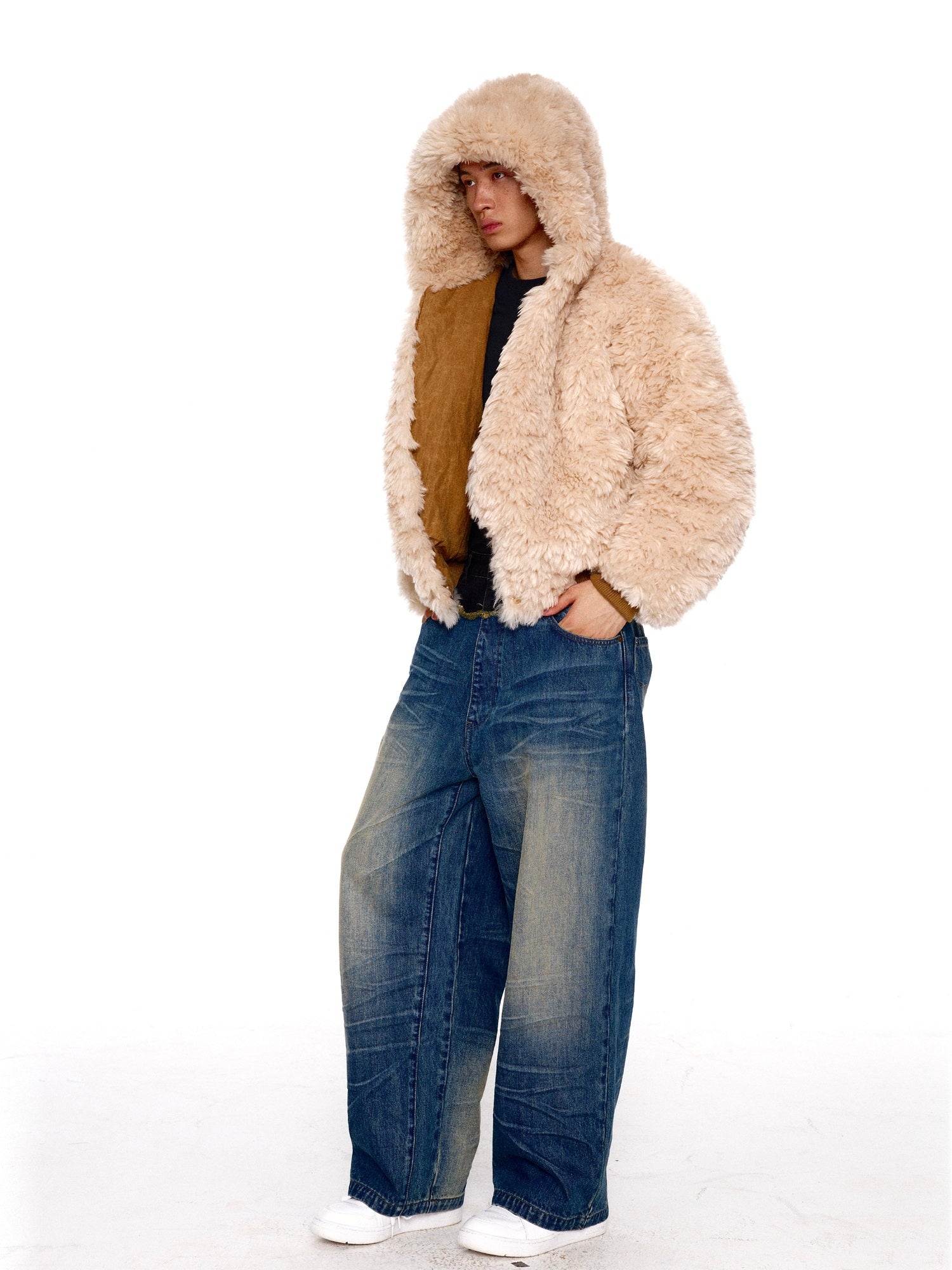 NyDkyel Thick Fur Lined Distressed Loose Street Unisex Camouflage Cotton Puffer Jacket