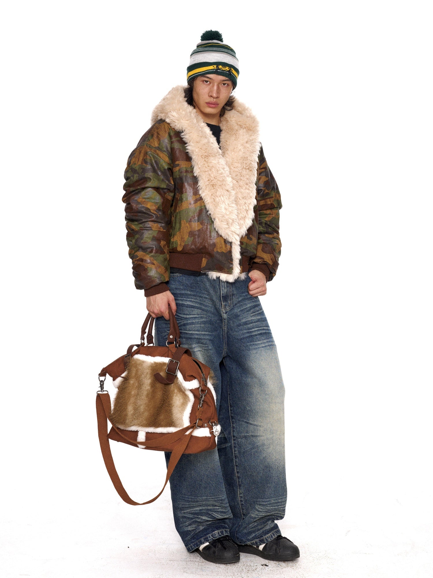 NyDkyel Thick Fur Lined Distressed Loose Street Unisex Camouflage Cotton Puffer Jacket
