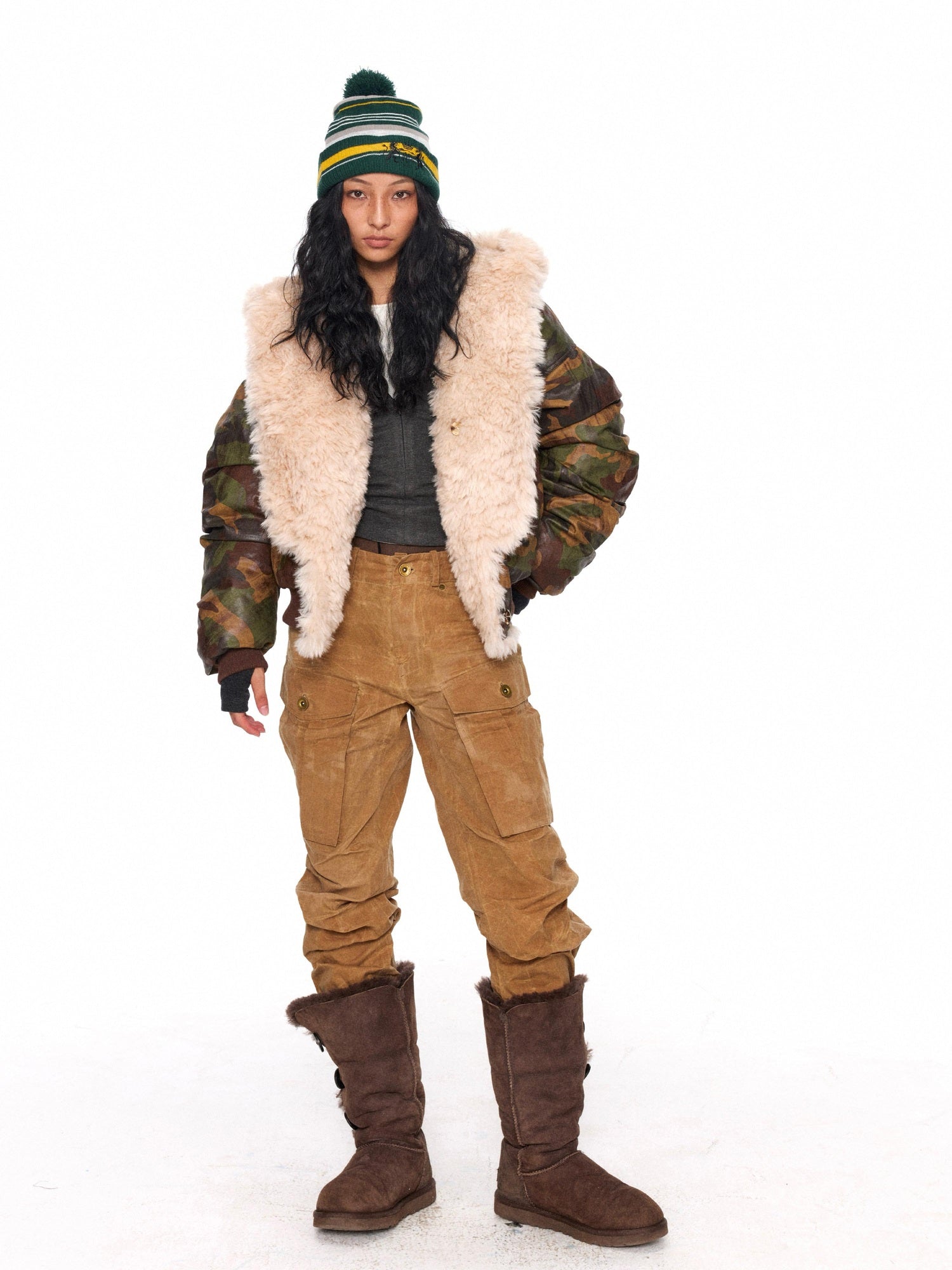 NyDkyel Thick Fur Lined Distressed Loose Street Unisex Camouflage Cotton Puffer Jacket