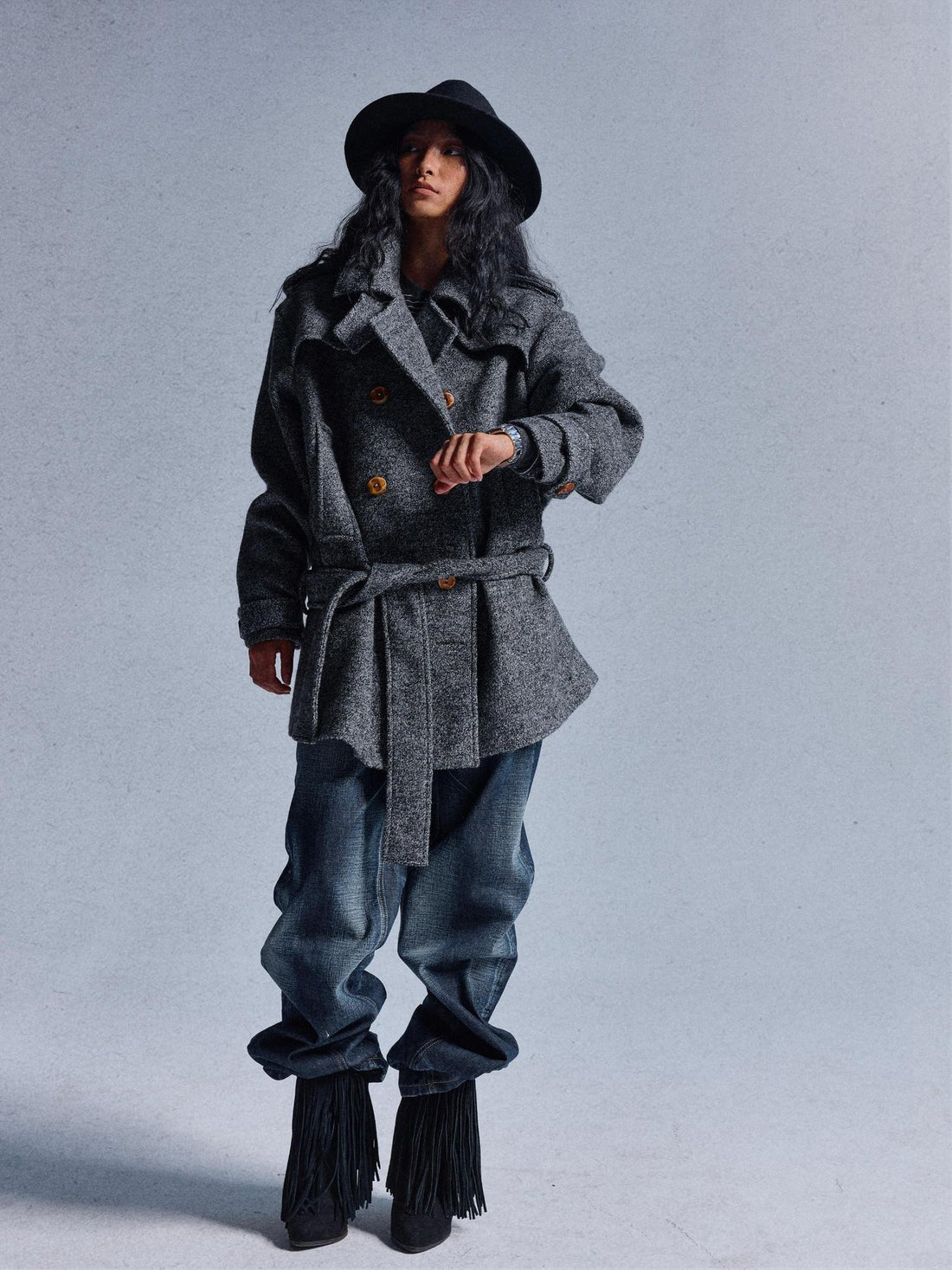 NyDkyel Thick Wool Blend Military Epaulet Loose Fit Unisex Double Breasted Coat