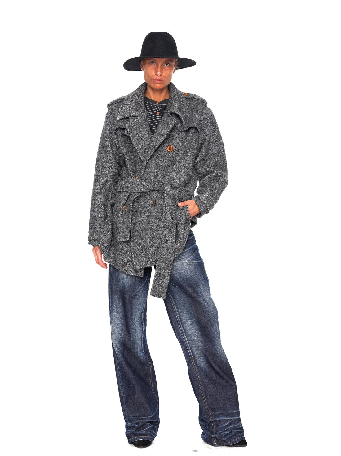 NyDkyel Thick Wool Blend Military Epaulet Loose Fit Unisex Double Breasted Coat