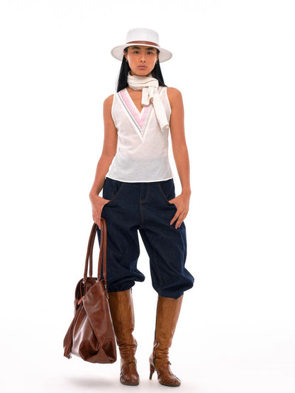 Three Layer Collar Spliced Linen Sleeveless VesT-shirt