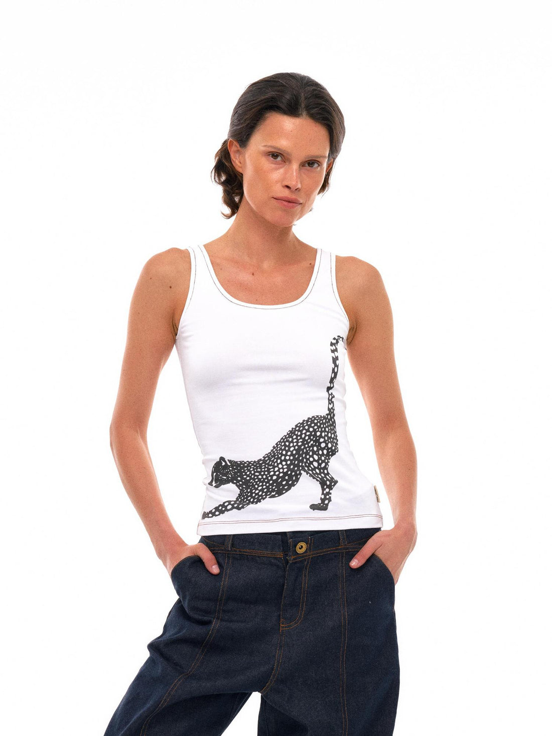 NyDkyel Tribal Leopard Print Sleeveless Top With Contrast Stitching