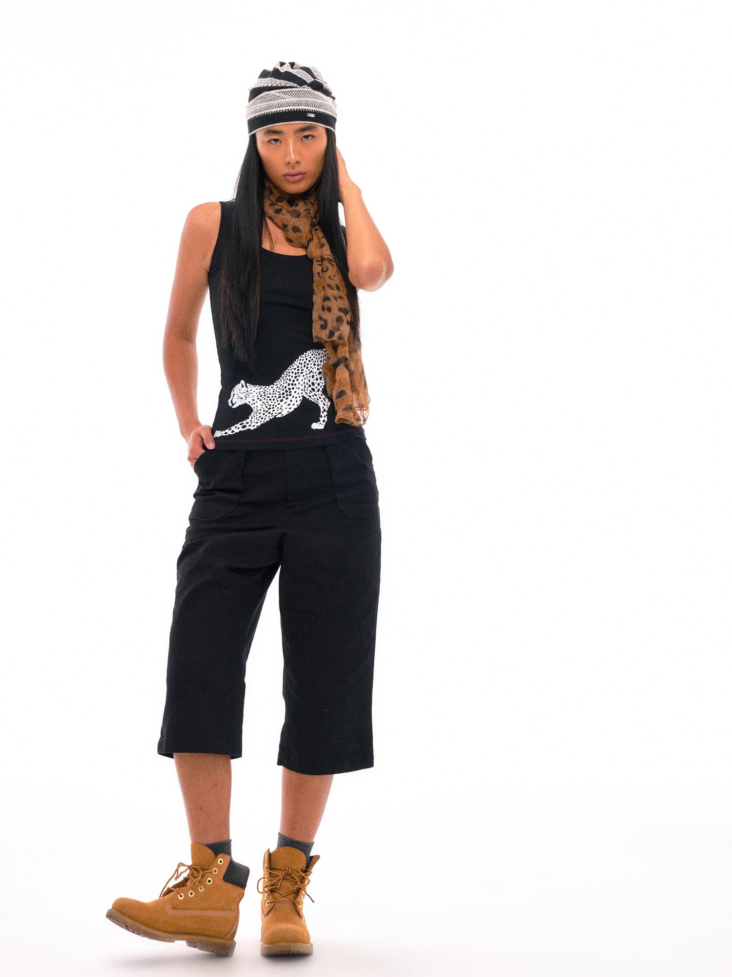 NyDkyel Tribal Leopard Print Sleeveless Top With Contrast Stitching