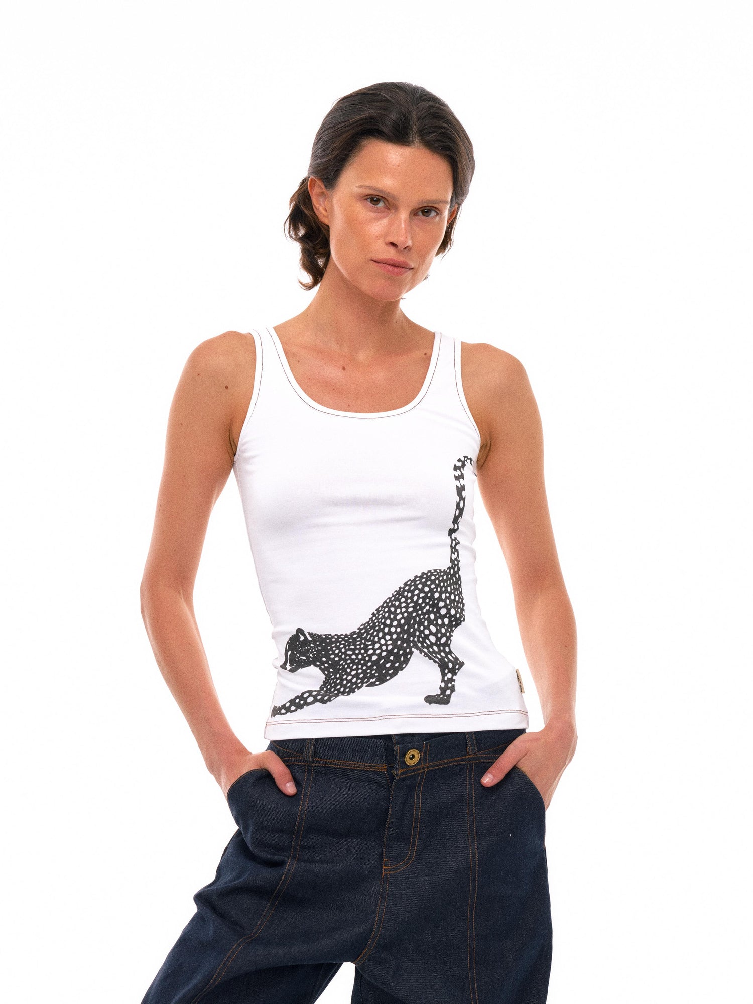 NyDkyel Tribal Leopard Print Sleeveless Top With Contrast Stitching