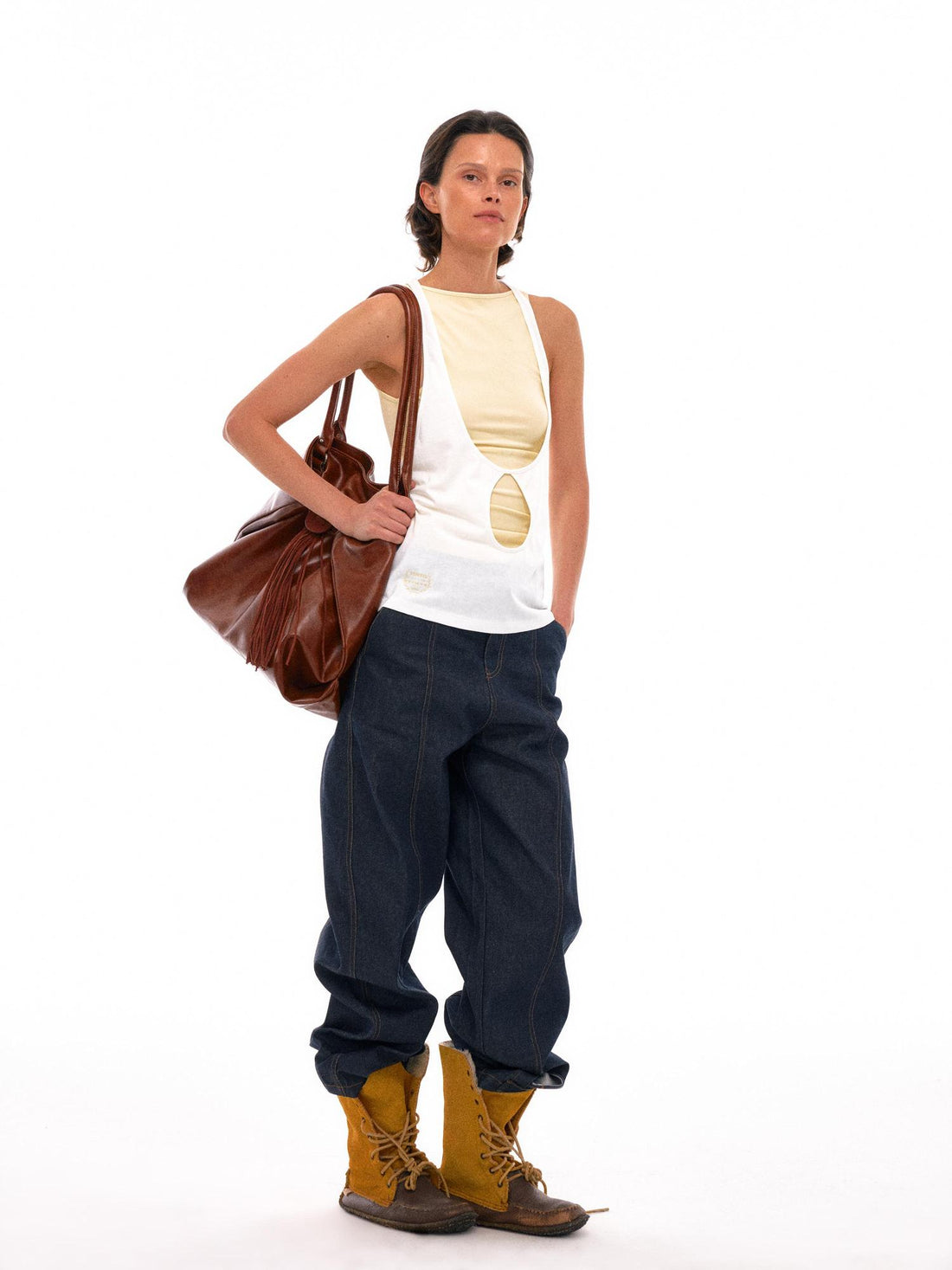 NyDkyel Two Tone U Neck Layered Top With Back Twist Detail