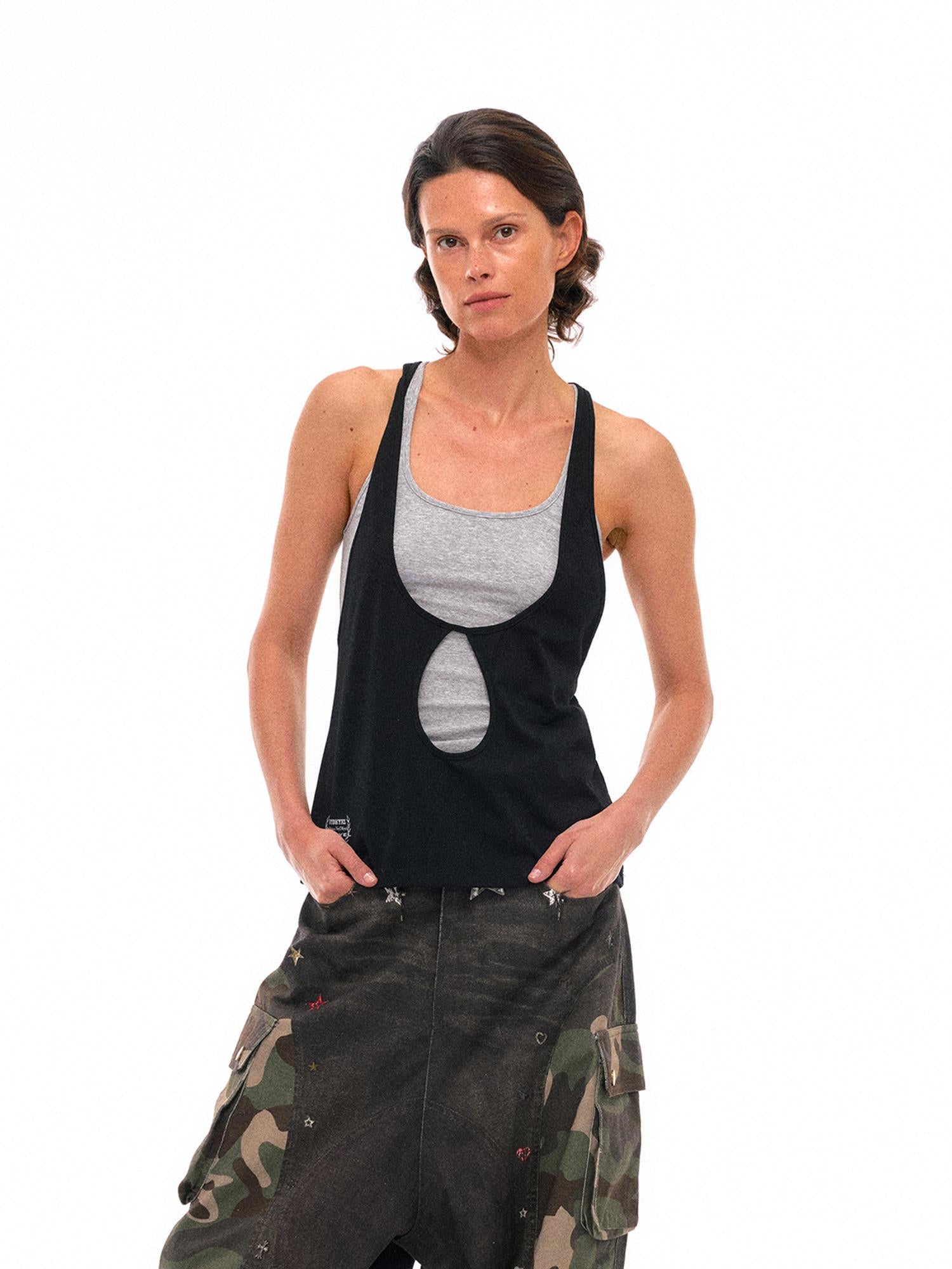 NyDkyel Two Tone U Neck Layered Top With Back Twist Detail