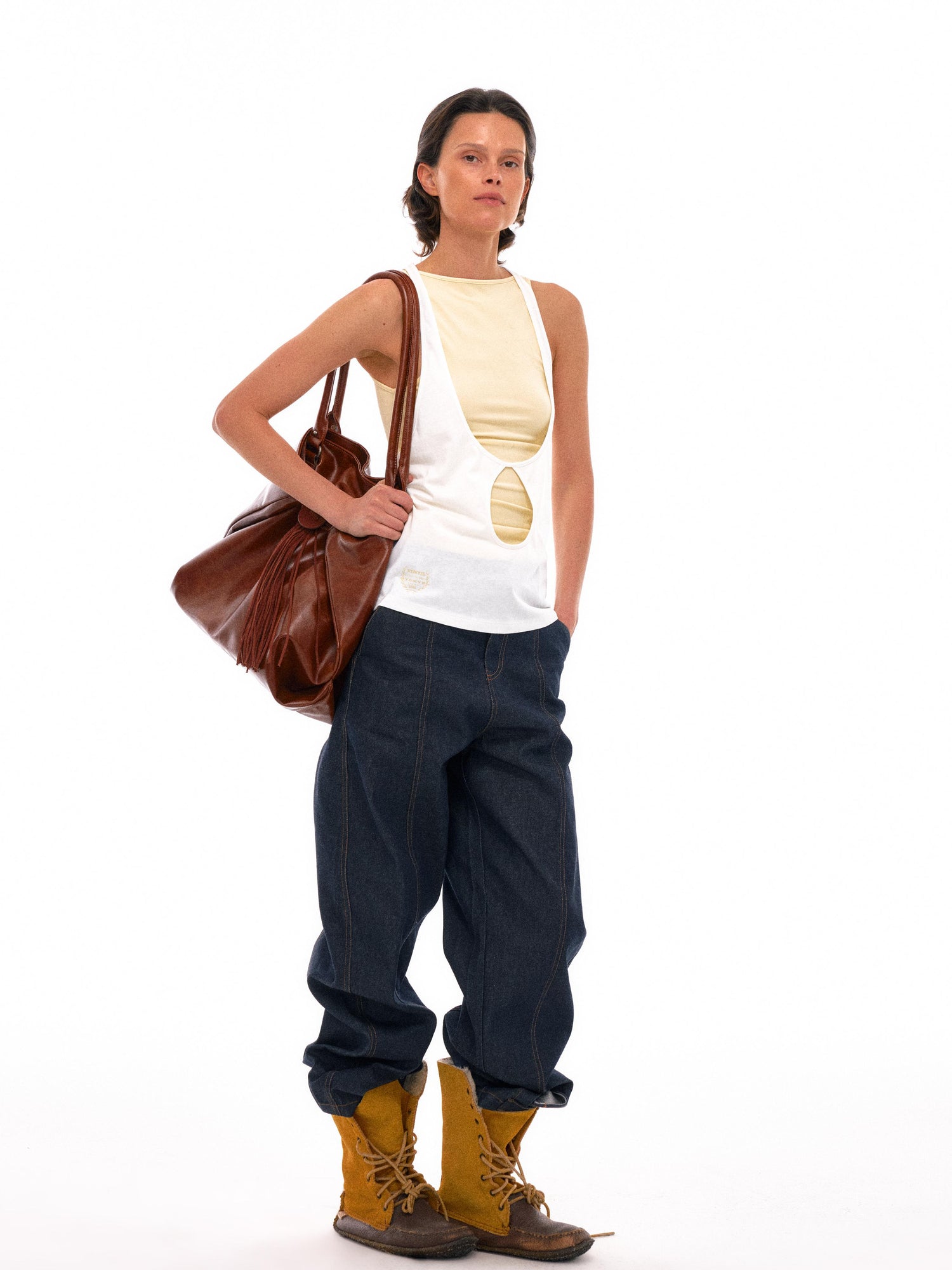 NyDkyel Two Tone U Neck Layered Top With Back Twist Detail
