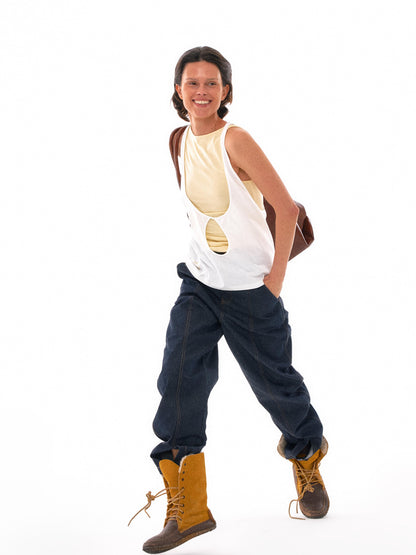 NyDkyel Two Tone U Neck Layered Top With Back Twist Detail