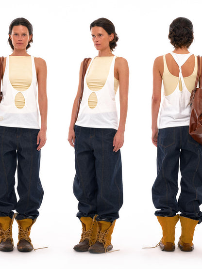 NyDkyel Two Tone U Neck Layered Top With Back Twist Detail