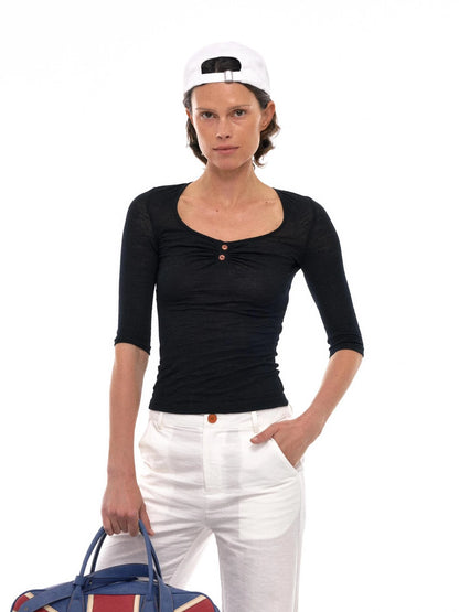 Ultrafine Merino Wool Knit Top with U Neck and Ruffle Detail