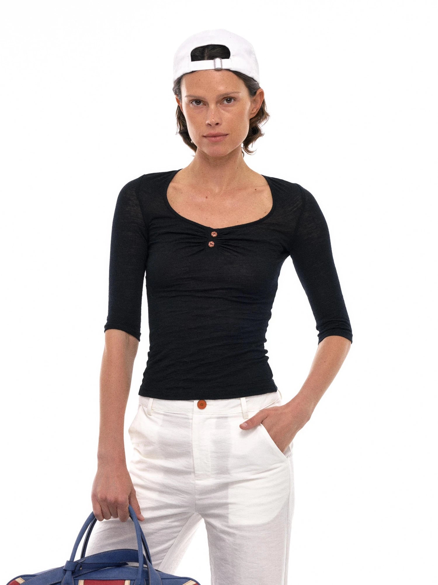 Ultrafine Merino Wool Knit Top with U Neck and Ruffle Detail
