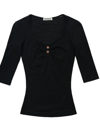 Ultrafine Merino Wool Knit Top with U Neck and Ruffle Detail