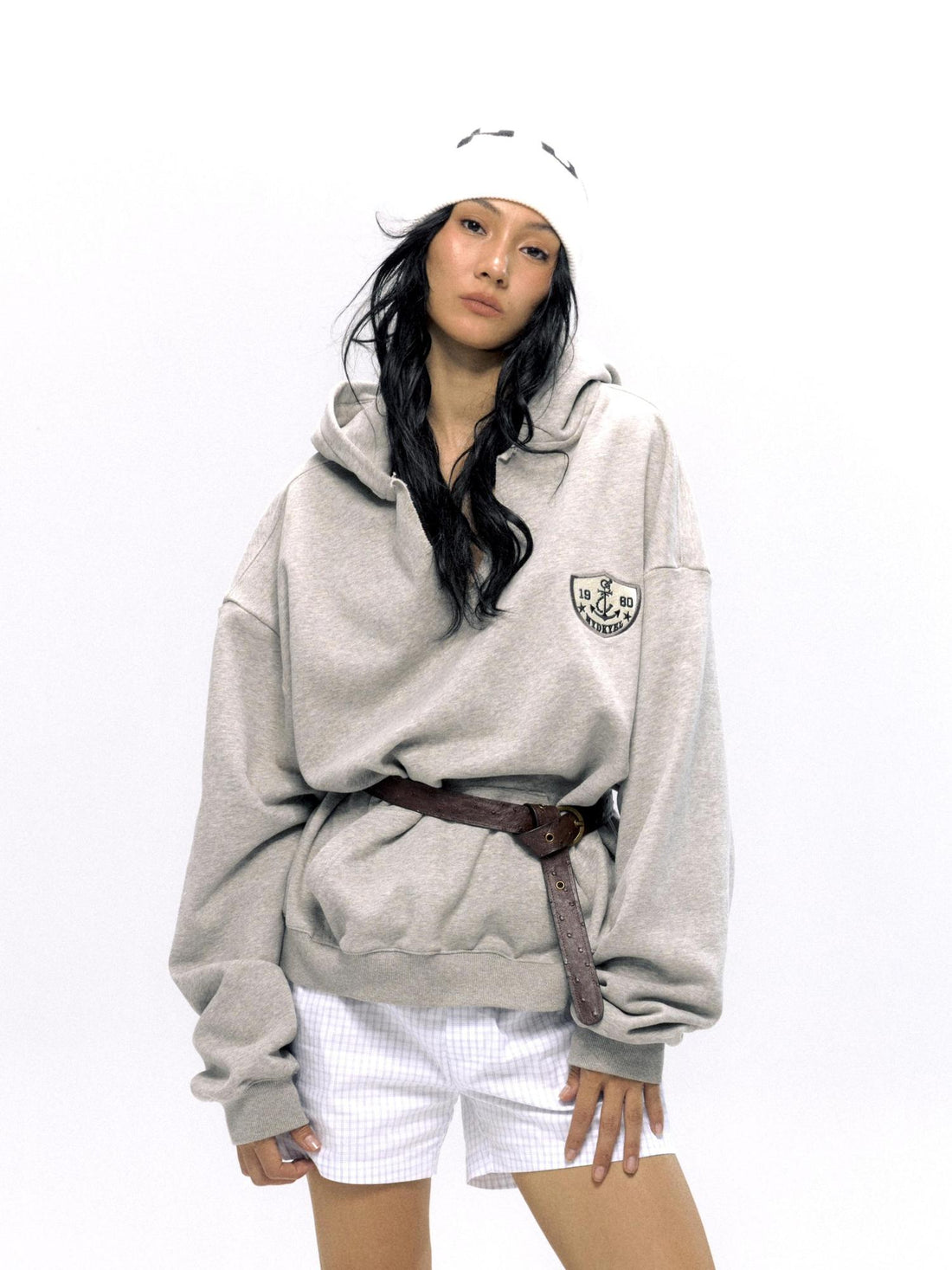 NyDkyel V-Neck Anchor Embroidered Hooded Sweatshirt