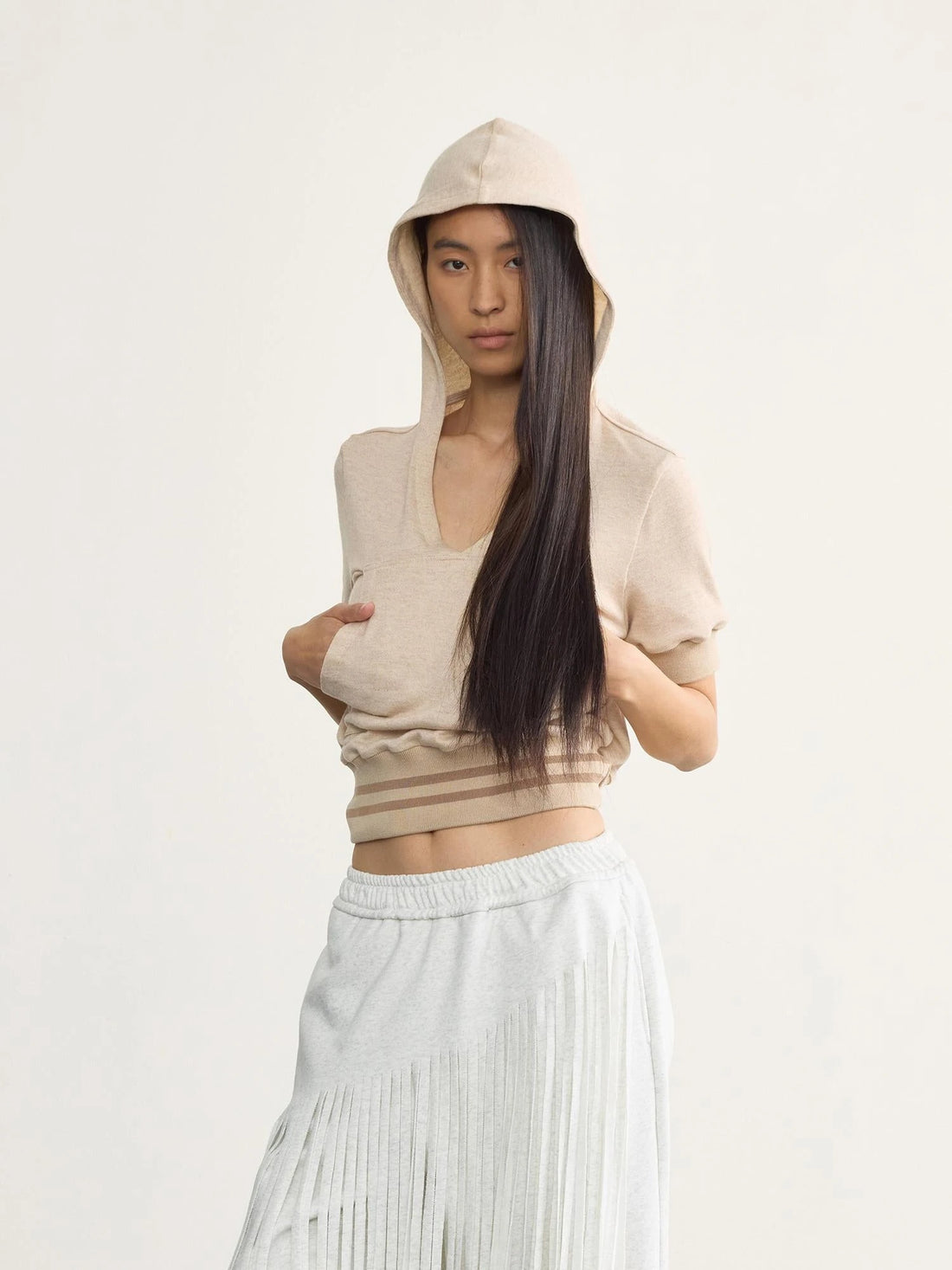 V-Neck Hooded Ribbed Waist Crop Tee
