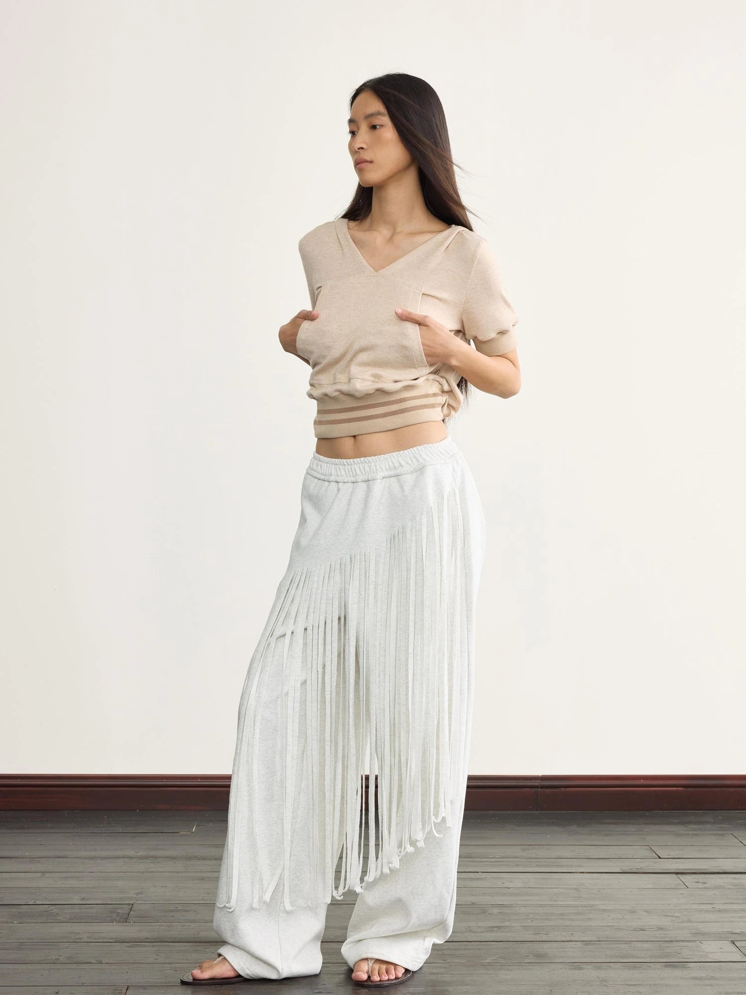 V-Neck Hooded Ribbed Waist Crop Tee