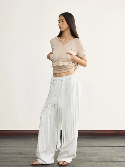 V-Neck Hooded Ribbed Waist Crop Tee