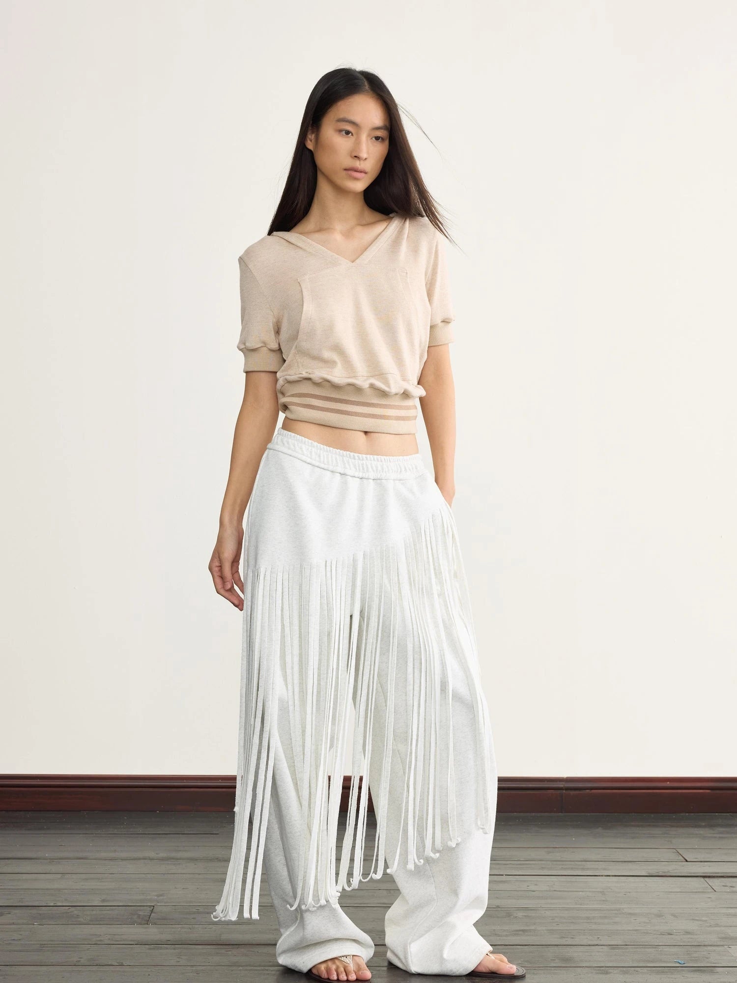 V-Neck Hooded Ribbed Waist Crop Tee