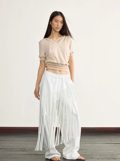 V-Neck Hooded Ribbed Waist Crop Tee