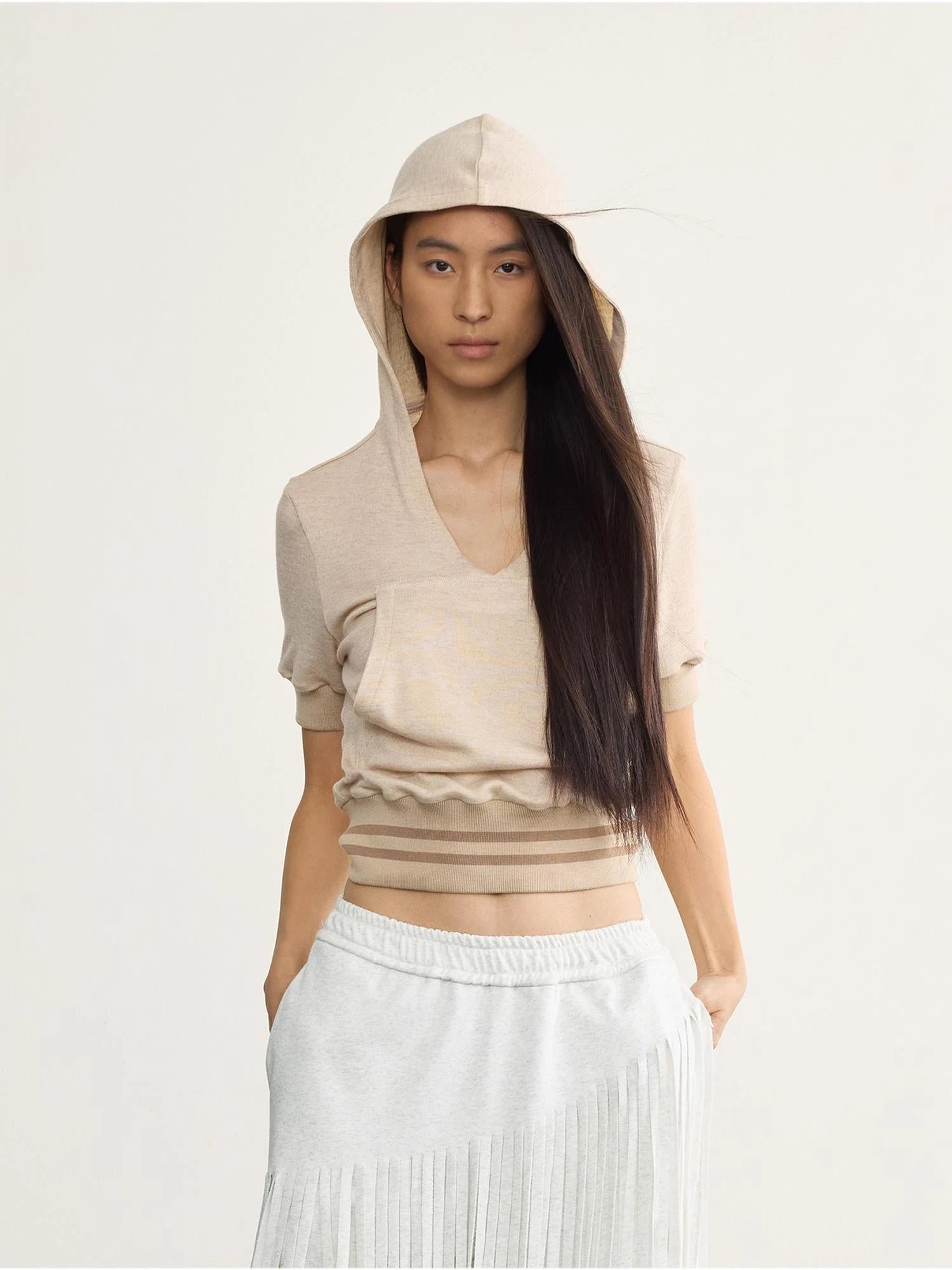 V-Neck Hooded Ribbed Waist Crop Tee