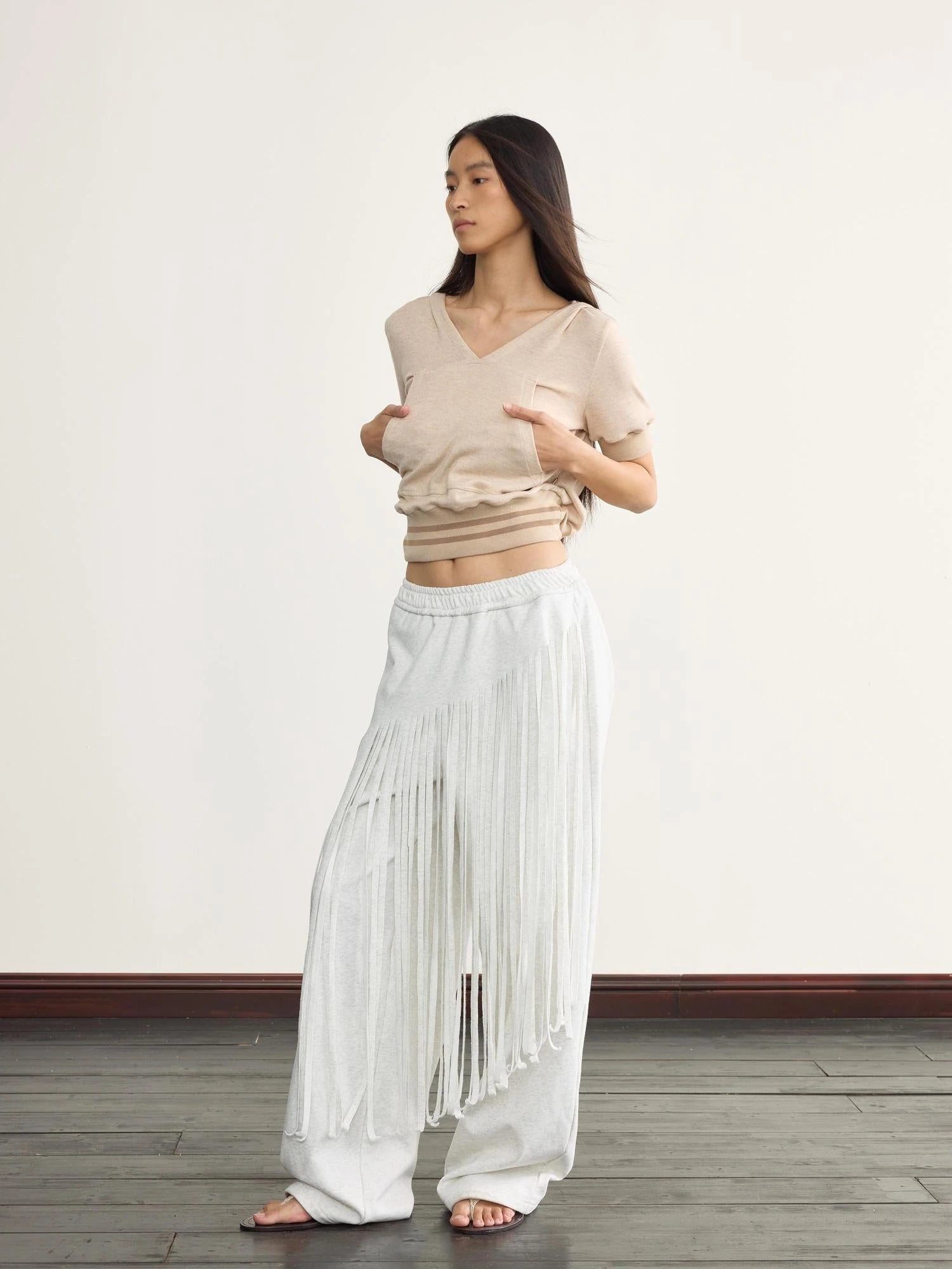V-Neck Hooded Ribbed Waist Crop Tee