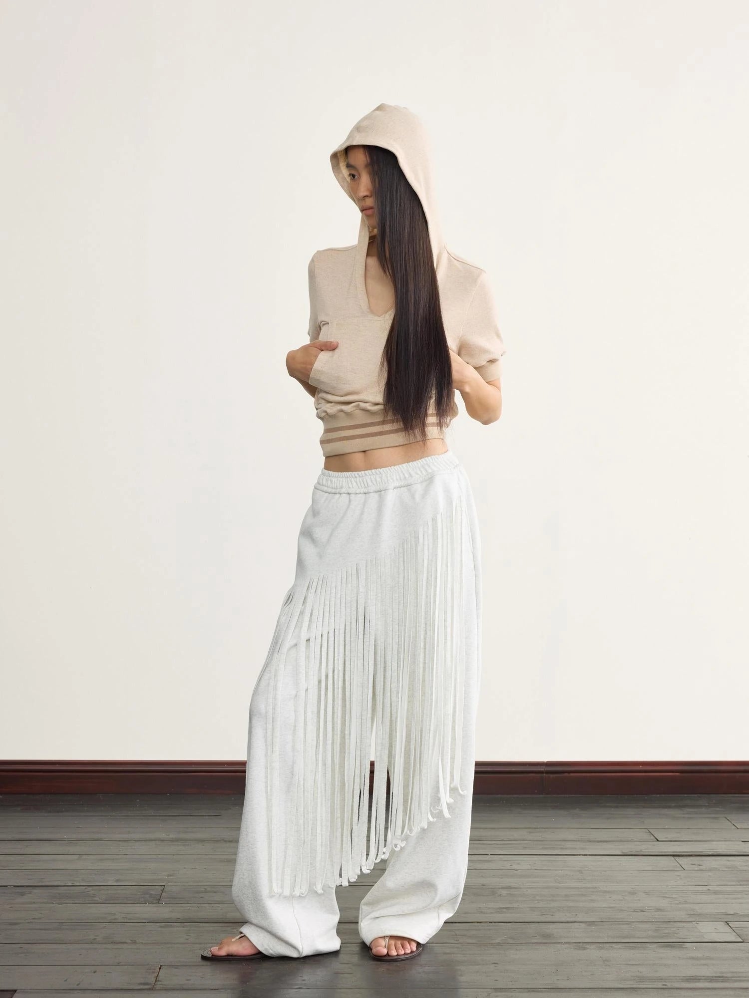 V-Neck Hooded Ribbed Waist Crop Tee