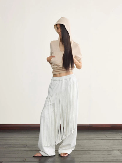 V-Neck Hooded Ribbed Waist Crop Tee