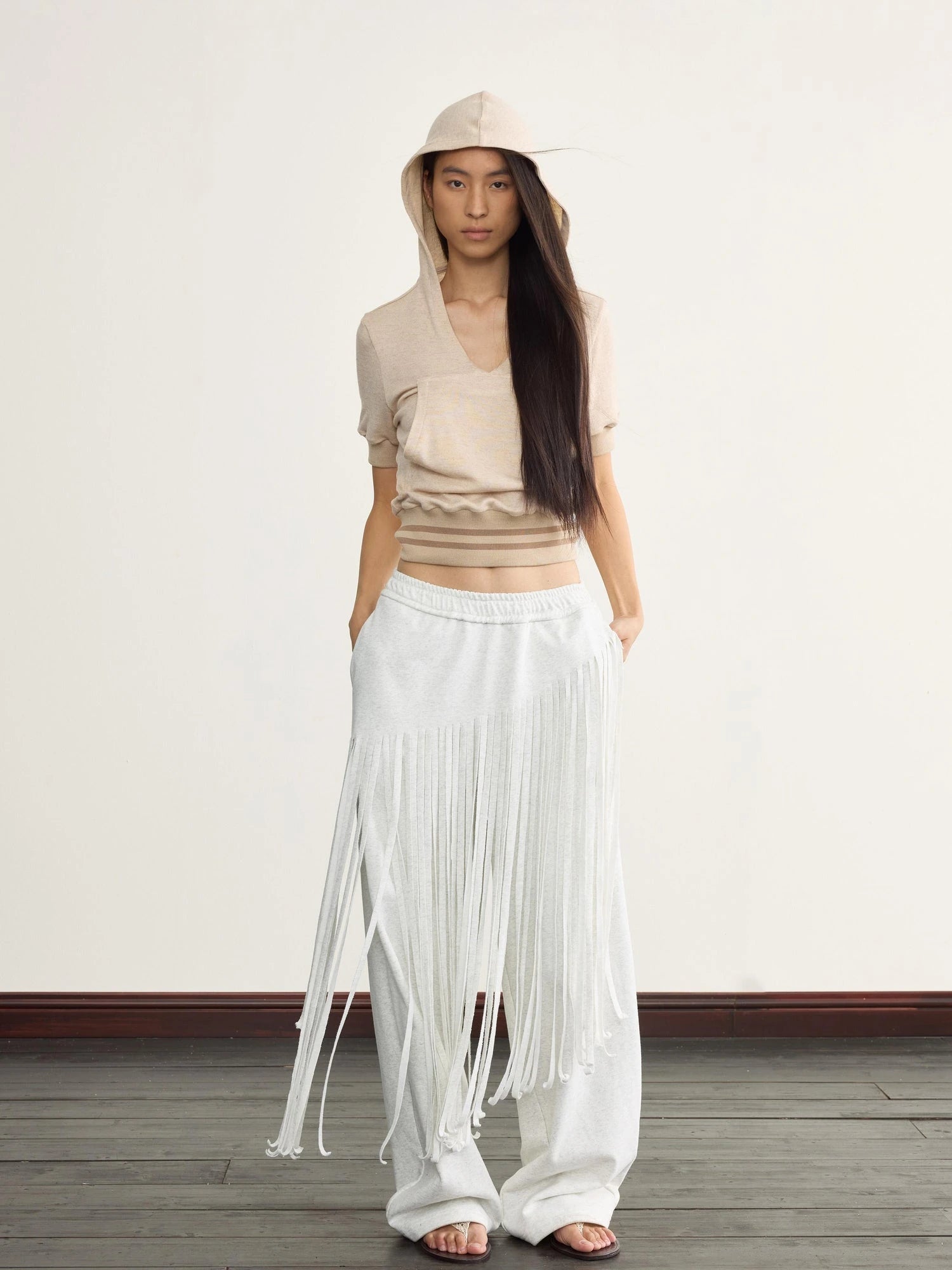 V-Neck Hooded Ribbed Waist Crop Tee