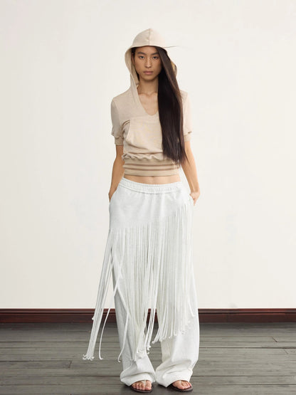 V-Neck Hooded Ribbed Waist Crop Tee