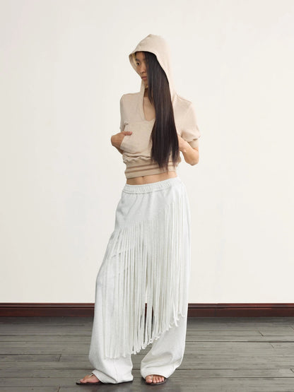 V-Neck Hooded Ribbed Waist Crop Tee
