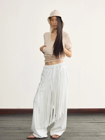 V-Neck Hooded Ribbed Waist Crop Tee