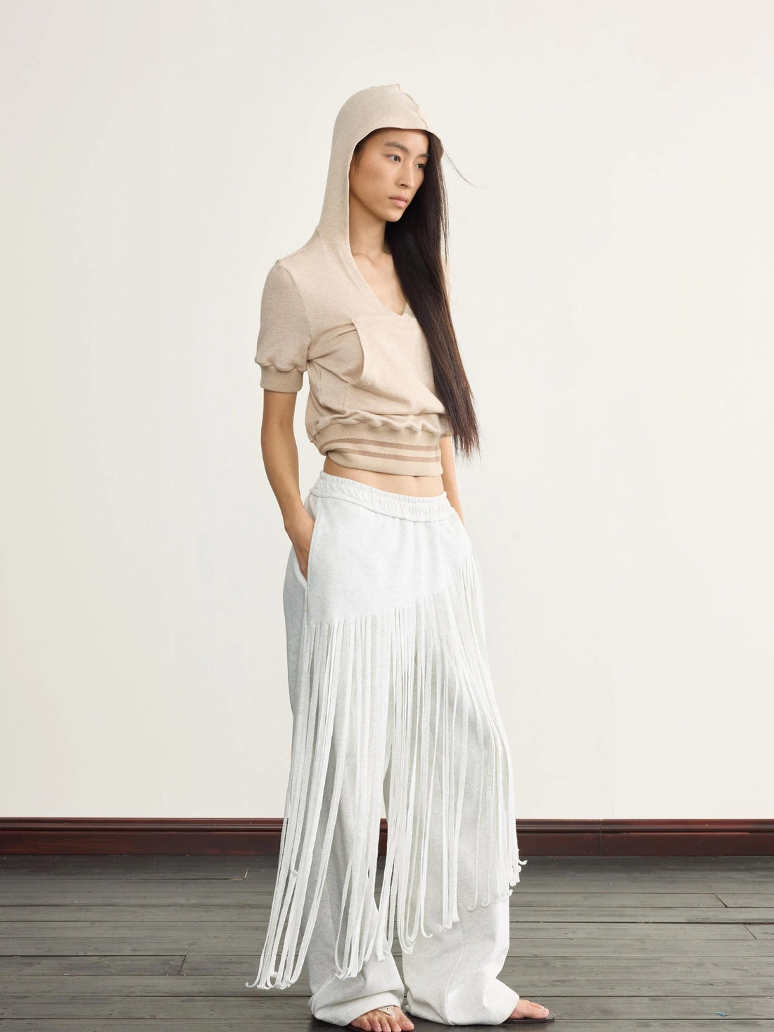 V-Neck Hooded Ribbed Waist Crop Tee