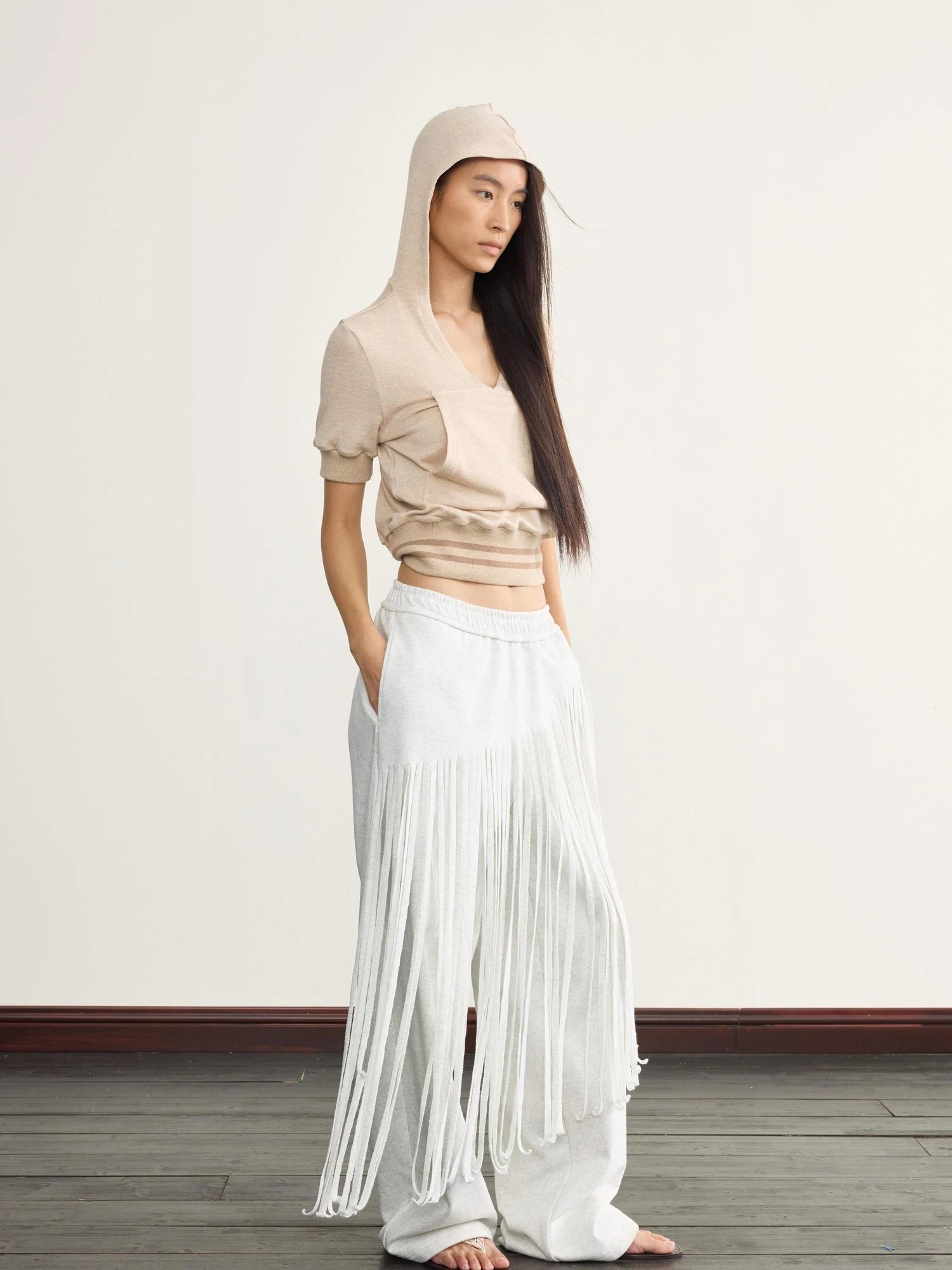 V-Neck Hooded Ribbed Waist Crop Tee