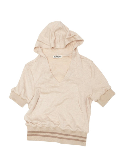 V-Neck Hooded Ribbed Waist Crop Tee