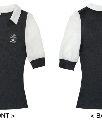 V-Neck Knit Polo With Anchor Embroidery