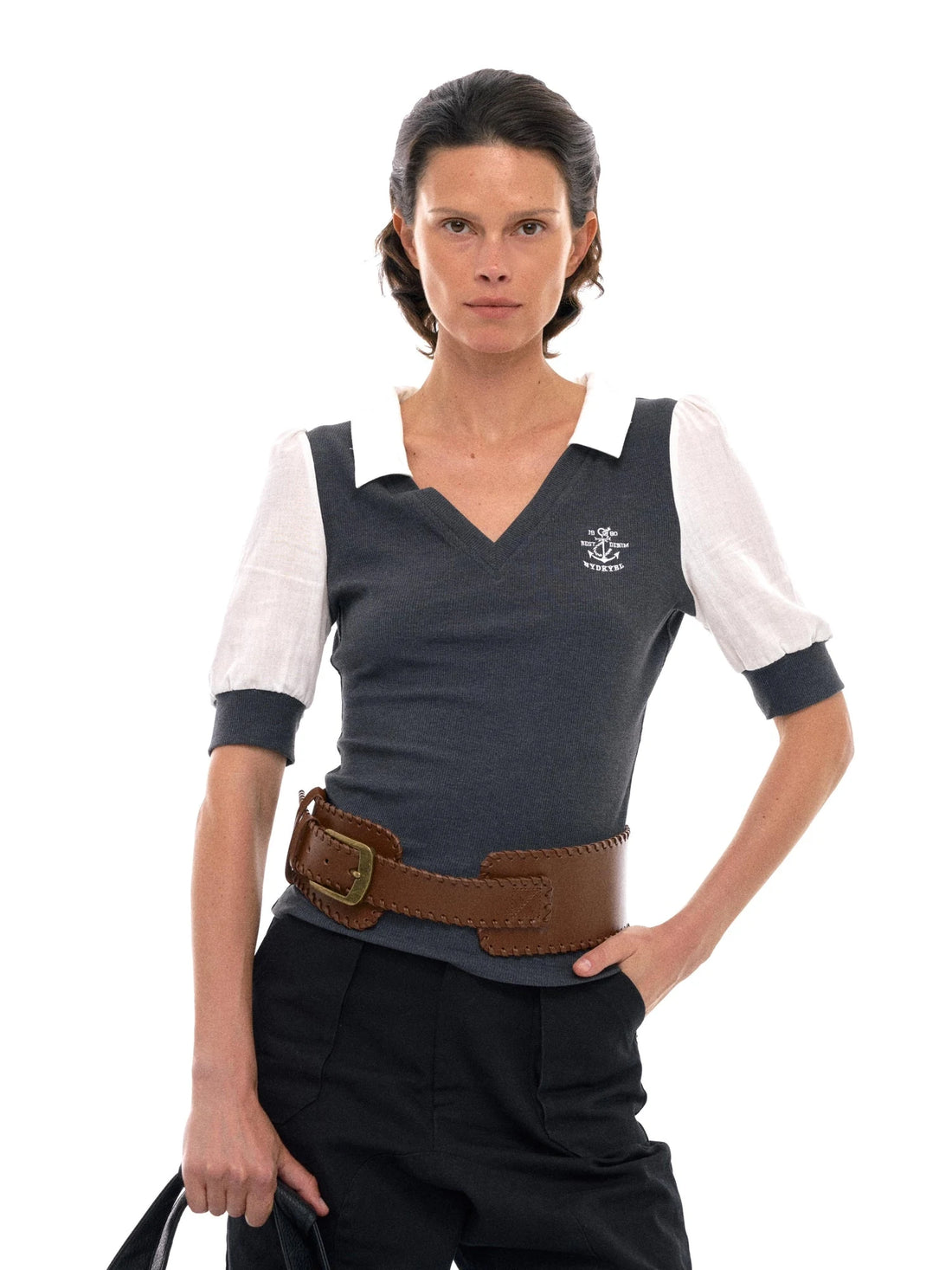 V-Neck Knit Polo With Anchor Embroidery