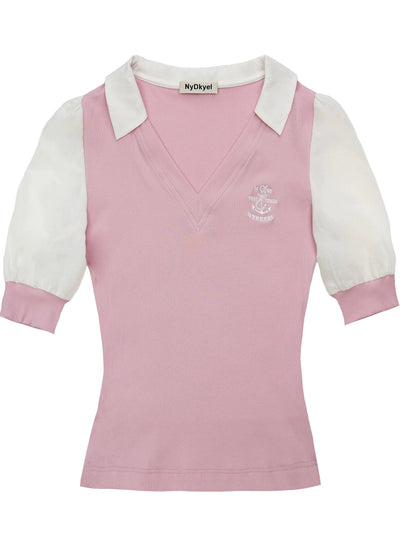 V-Neck Knit Polo With Anchor Embroidery