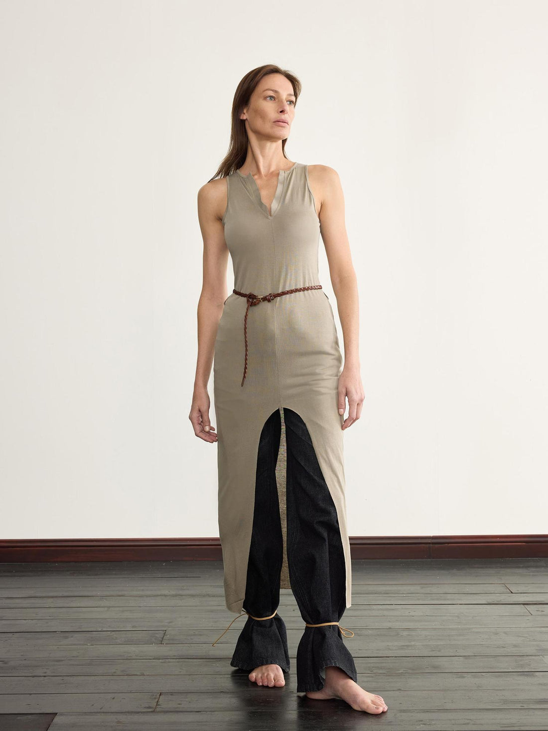 NyDkyel V-Neck Wrap Belted Split Hem Midi Dress