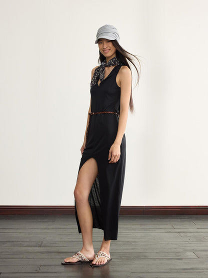 NyDkyel V-Neck Wrap Belted Split Hem Midi Dress