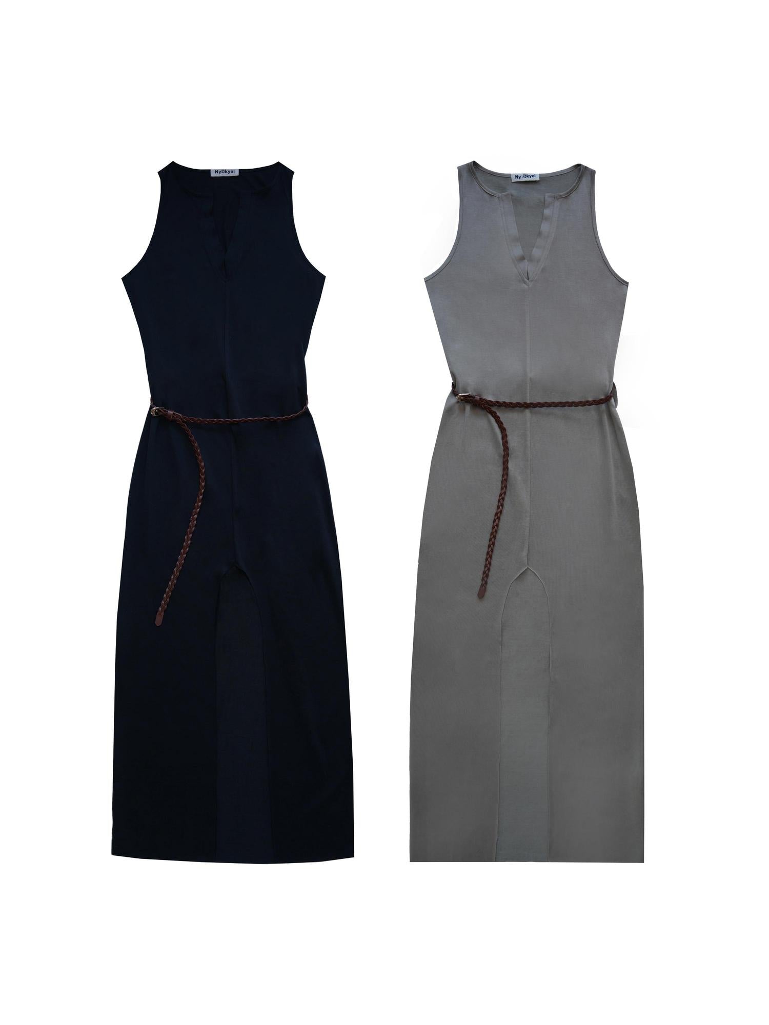 NyDkyel V-Neck Wrap Belted Split Hem Midi Dress