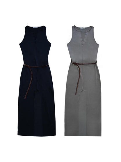 NyDkyel V-Neck Wrap Belted Split Hem Midi Dress