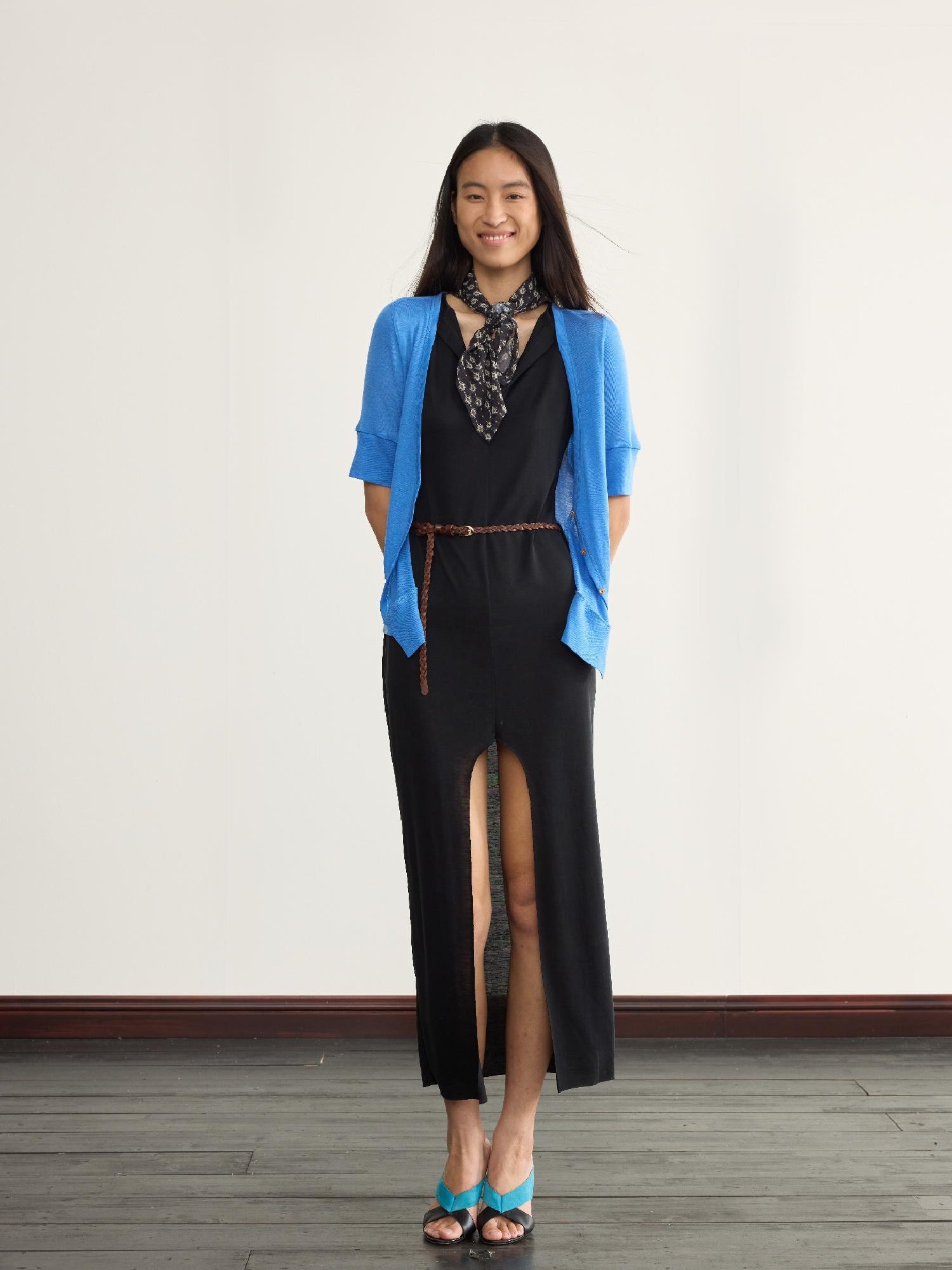 NyDkyel V-Neck Wrap Belted Split Hem Midi Dress