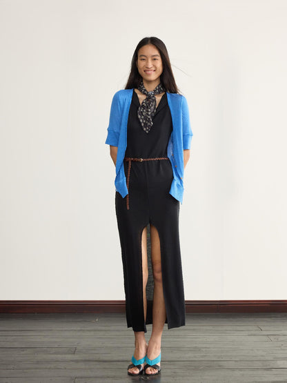 NyDkyel V-Neck Wrap Belted Split Hem Midi Dress
