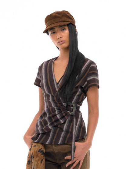 NyDkyel V-Neck Wrap Linen Blend Cropped Tee