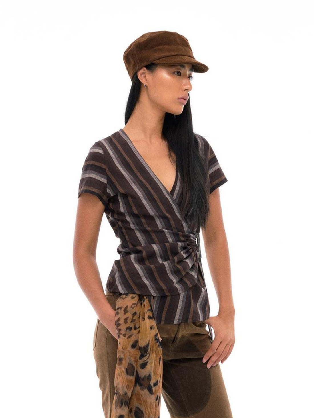 NyDkyel V-Neck Wrap Linen Blend Cropped Tee